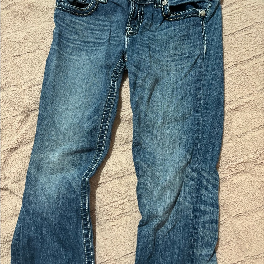 Miss Me Blue Boot Cut Jeans with Fading and Contrast Stitching